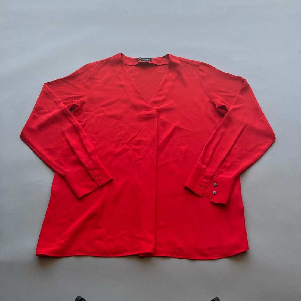 Banana republic long sleeve pleated red V neck shirt